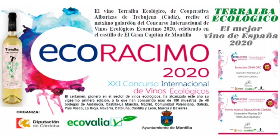 El vino Terralba Ecológico de Cooperativa Albarizas, fué el ganador de Ecoracimo 2020